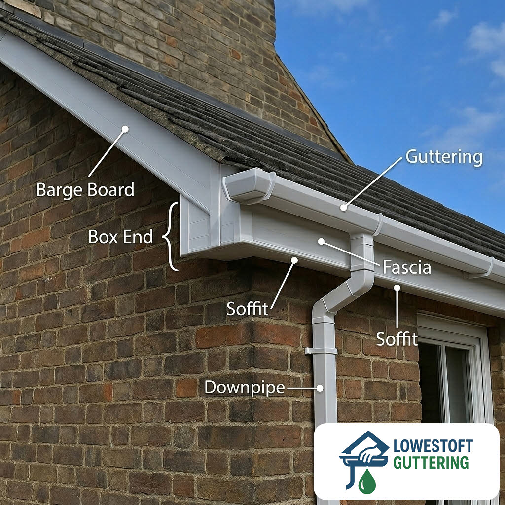 replacement guttering on old house labelled with logo